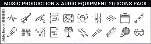 Music Production and Audio Equipment Icon Set - 20 outline icons representing music production tools, instruments, studio gear, sound mixing, and audio equipment essentials.