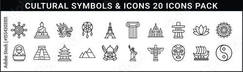 Cultural Symbols and Global Heritage Icons Pack - A diverse set of 20 outline icons representing world cultures, landmarks, spiritual symbols, and historical heritage across continents.