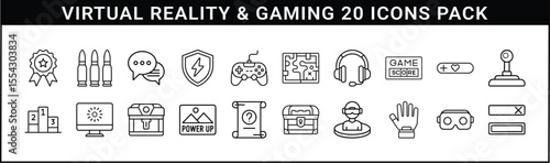Virtual Reality and Gaming Interface Icons Collection - A dynamic 20 icon pack illustrating elements of VR, gaming, scoring, maps, controls, power-ups, avatars, and immersive technology.