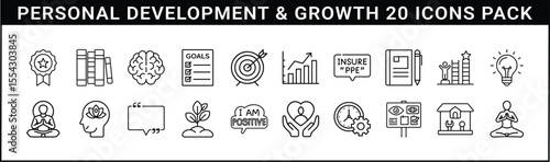 Personal Development and Growth Icon Set - 20 line-style icons representing self-improvement themes like goals, mindfulness, learning, success, and productivity for personal growth.