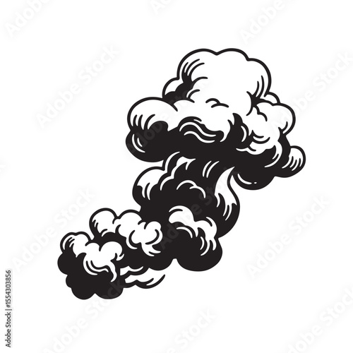 Retro style illustration of a black smoke cloud graphic with detailed silhouette