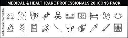 Medical and Healthcare Professionals Icon Set - 20 clean line icons depicting medical tools, hospital staff, diagnostics, and treatment symbols used in healthcare and clinical settings.