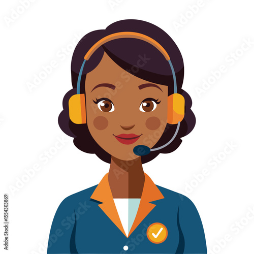 Smiling call center operator cartoon character in a business suit with a headphone