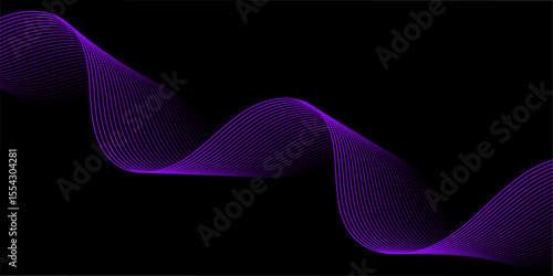 Abstract background with lines and waves. Medium banner size. Element for design isolated on black. Vector background for brochure, booklet, flyer, poster. Purple and black gradient