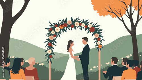 Couple exchanging vows under a floral arch in a fall or spring garden wedding setting - Outdoor ceremony