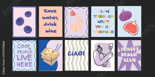 Summer bistro banners with strawberries, cocktails, and party people under sunshine.
