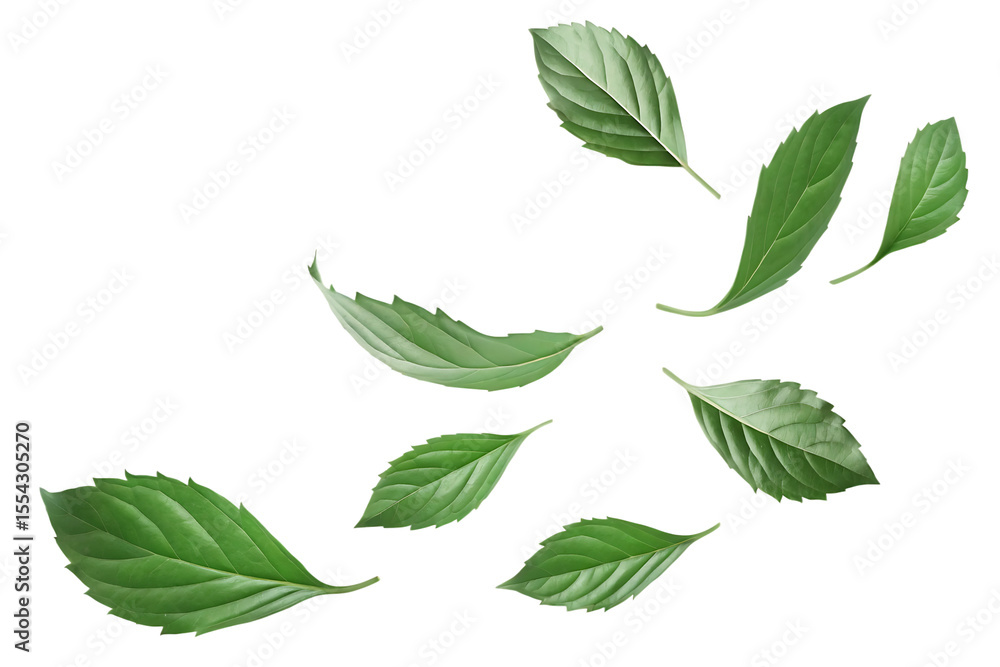 Fresh green leaves falling isolated on a white background png Fresh green leaves falling isolated on a white background png