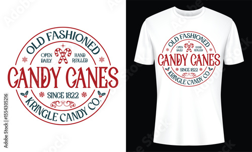 A stylish vintage t-shirt design featuring an old fashioned candy canes emblem, perfect for holiday apparel and festive merchandising.