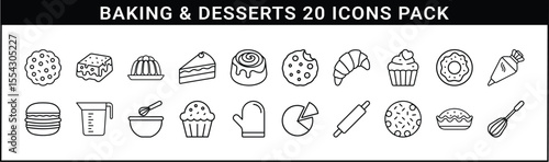 Baking and Desserts Outline Icon Collection - Minimalist outline icons of 20 sweet desserts and baking tools including cookies, cupcakes, whisk, pie, and rolling pin.