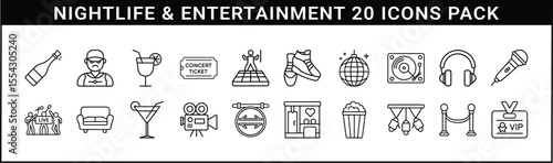 Nightlife and Entertainment Line Icons Set - Outline icons representing nightlife, music, clubbing, concerts, and entertainment activities like movies, drinks, and VIP access.