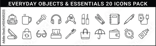 Minimal Everyday Objects and Essentials Icons Set - Outlined icon pack of daily use essentials including accessories, tools, gadgets, and personal care items for practical life needs.