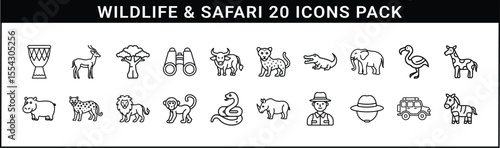 Wildlife and Safari Line Icons Collection - Set of outline icons featuring African wildlife, safari animals, tour gear, and nature exploration tools like binoculars and jeeps.