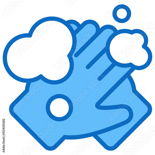 Hand Wash - Blue Fill Outline Style Icon - Hands under soap suds, representing cleanliness and hygiene routine