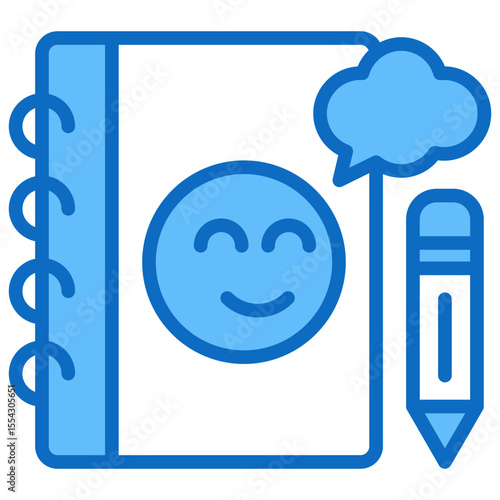 Mood Journal - Blue Fill Outline Style Icon - notebook with a smiling face and pencil, indicating journaling, mood tracking, or reflection