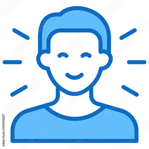 Wellbeing - Blue Fill Outline Style Icon - smiling face with positive rays, expressing health, contentment, or peace of mind