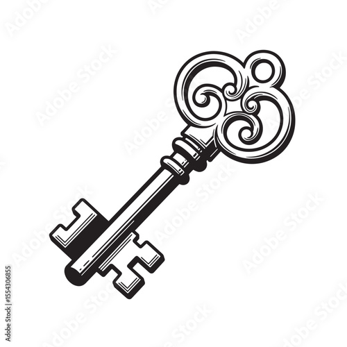 Vintage art silhouette of an antique key isolated on a white background