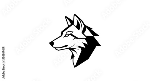 Stylized Black and White Illustration of a Wolf's Head with Geometric Features and Sharp Lines