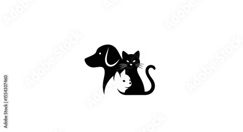 Black and White Illustration of Dog Cat and Rabbit Domestic Animal Graphics Minimalist Logo Design Abstract Shapes Outline Drawing for Backdrop