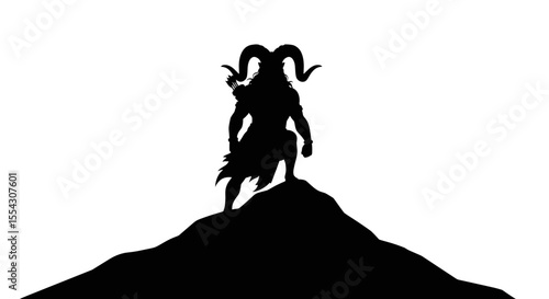 Silhouette of a Horned Figure Standing Triumphantly on a Mountain Peak Against a Stark Background