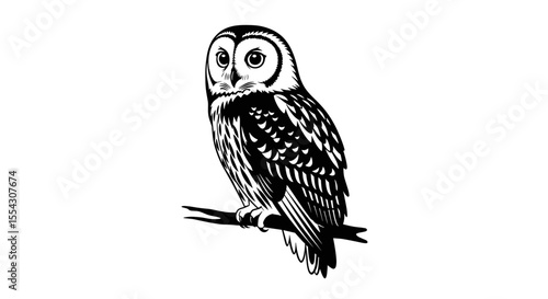 Illustration of an Owl Perched on a Branch Emphasizing Detailed Feathers and Observant Gaze