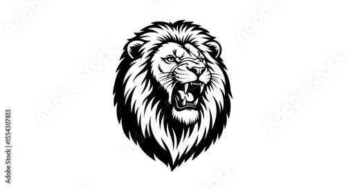 Detailed Black and White Illustration of a Roaring Lion with Majestic Mane