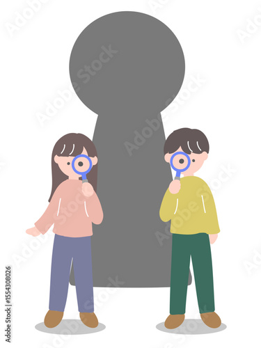 大きな鍵穴の前で虫眼鏡を覗く若い私服の男女