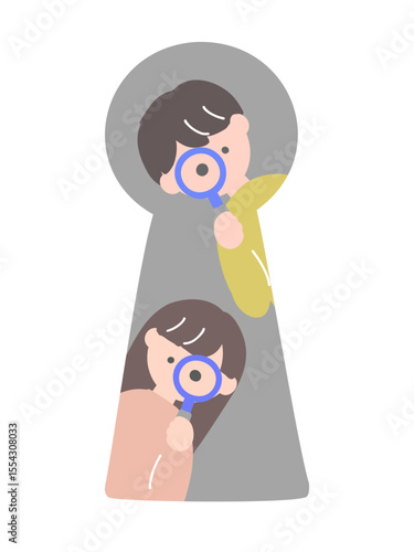 鍵穴の向こうから内側を虫眼鏡で覗く男女のイラスト