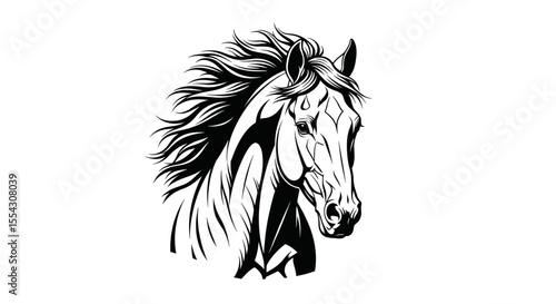 Hand-Drawn Horse Illustration with Flowing Mane and Expressive Eyes in Black and White Art Style