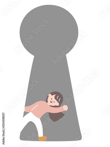 鍵穴から女性がひょっこり出てくるイラスト　大きな鍵穴と小さい人物