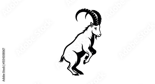 Dynamic Line Drawing of a Rearing Mountain Goat with Prominent Curved Horns