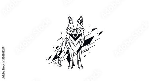 Stylized Black and White Illustration of a Wolf with Abstract Sharp Lines and Dynamic Movement
