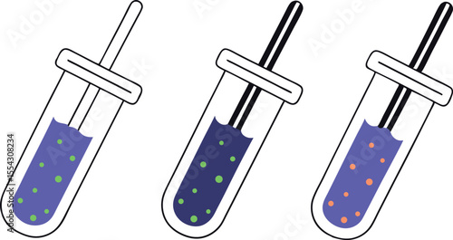 A seamless pattern of stylized test tubes and flasks filled with colorful food liquids like soup