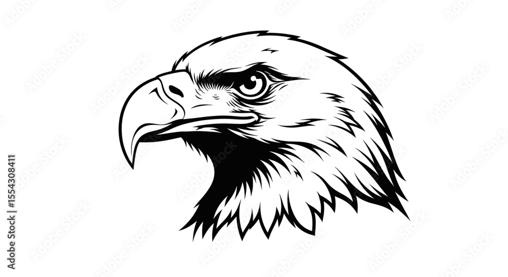Obraz premium Black and White Detailed Illustration of Eagle Head in Profile View on White Background