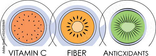 Close-up vector fruit illustrations with labeled peel layers showing compounds like Vitamin C, fiber, antioxidants
