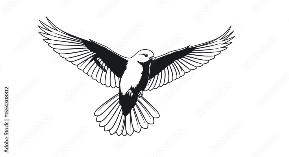 Naklejka premium Stylized Illustration of a Bird Soaring with Wings Spread Wide in Black and White Design