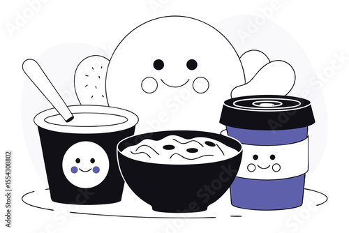 Vector microflora and probiotics  joyfully interacting with food items like yogurt, miso, sauerkraut