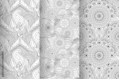 Ethnic seamless patterns set with floral details and black and white palette. Abstract ornaments depicting flowers, mandalas, oriental, asian and indian motifs.