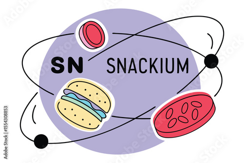 Vector snacks rotate in stylized electron orbits around nuclei labeled with food elements