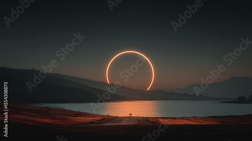 Couple Walking Towards a Glowing Portal at Dusk by a Lake
