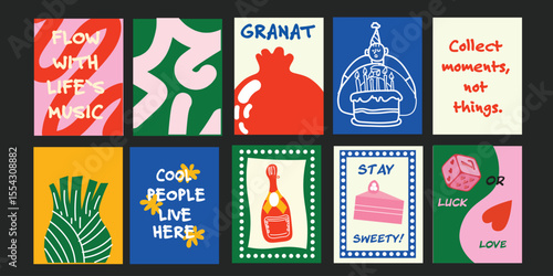 Modern summer promo banners for cafés with fruity drinks, flowers, and smiling faces.
