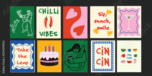 Summer bistro banners with strawberries, cocktails, and party people under sunshine.