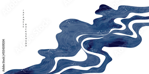 Luxury oriental river background vector. Chinese and Japanese wallpaper pattern design of landscape, sea wave, watercolor, line art. Design illustration for decoration, wall decor, banner, interior.