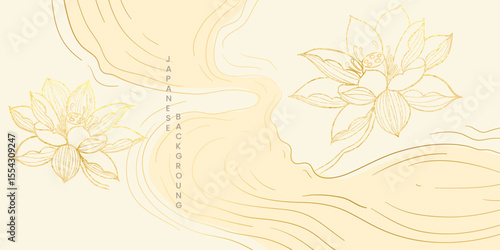 Luxury oriental river background vector. Chinese and Japanese wallpaper pattern design of gold sea wave, lotus flower line art. Design illustration for decoration, wall decor, banner, interior.