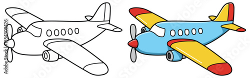 Cute Cartoon Airplane Coloring Page with Colored Version – Fun Kids Transport Illustration