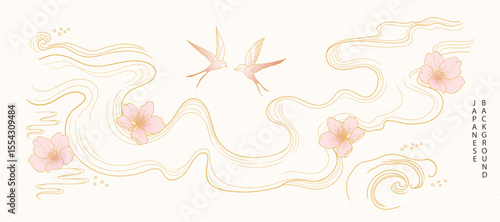 Luxury oriental river background vector. Chinese and Japanese wallpaper pattern design of gold sea wave, cherry blossom, swallow bird. Design illustration for decoration, wall decor, banner, interior.
