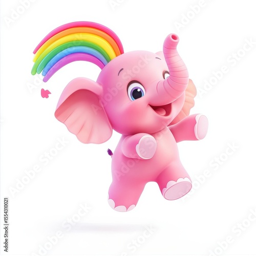 Joyful Pink Elephant with Rainbow Hair   Cute 3D Cartoon Animal