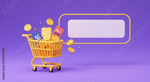 Shopping cart filled with coins and coupons