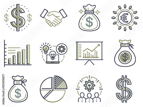 Business Finance Icon Set for Websites, Presentations and Financial Applications - Line Art Money, Charts, Dollar Symbols and Graphs for Marketing Materials and Commercial Designs