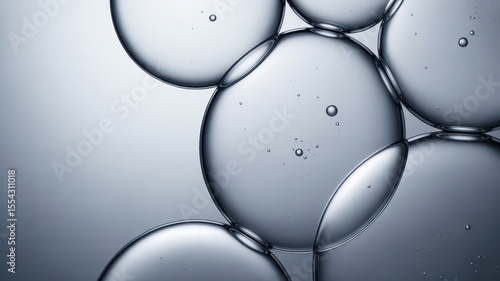 Close-up of overlapping transparent soap bubbles on light background