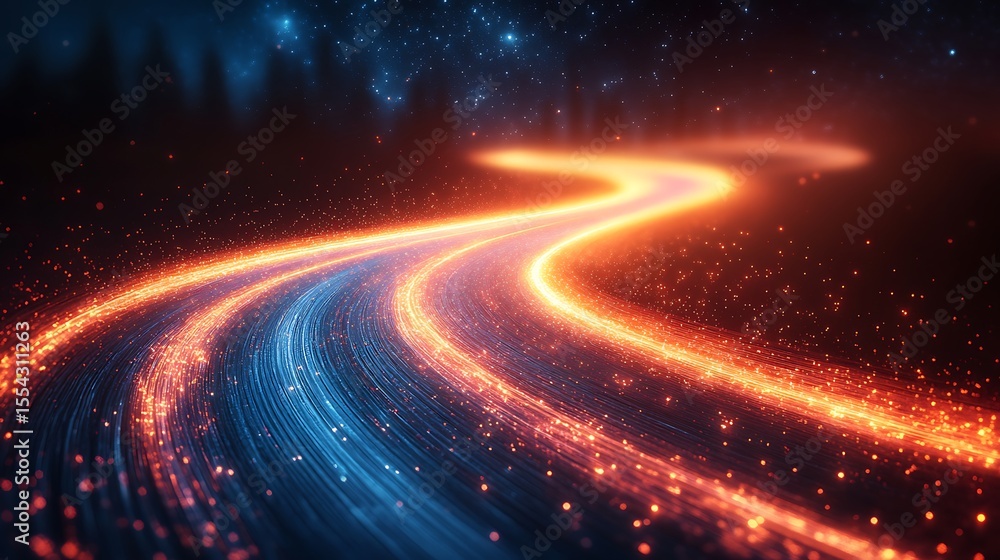 Obraz premium Glowing night road through forest